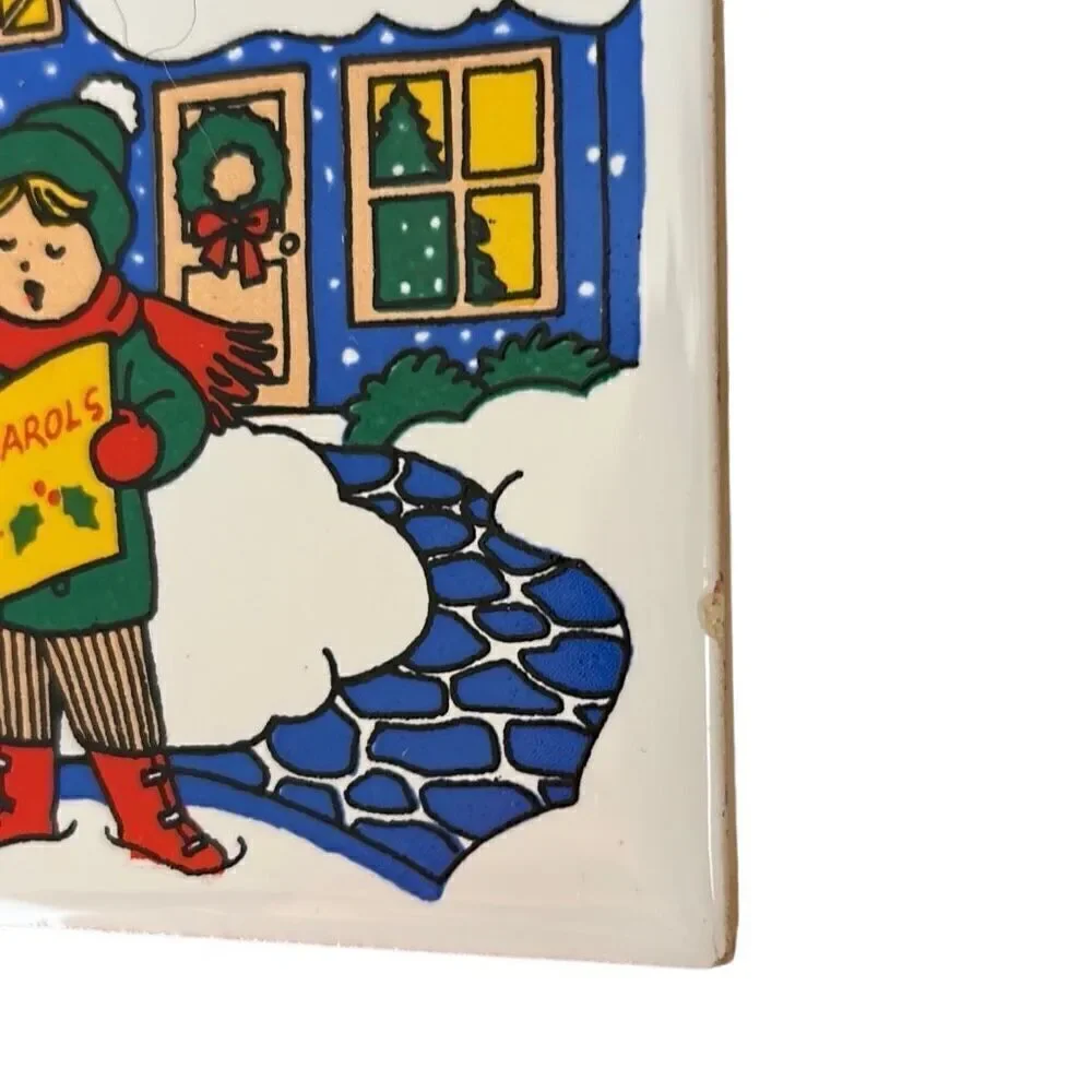 Vintage Holiday Christmas Hot Plate Ceramic Tiles Santa and Carolers